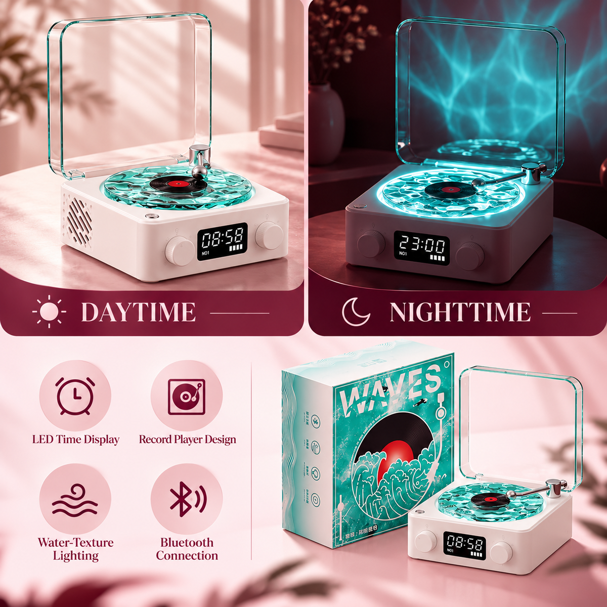 Waves Vinyl Record Player with Light