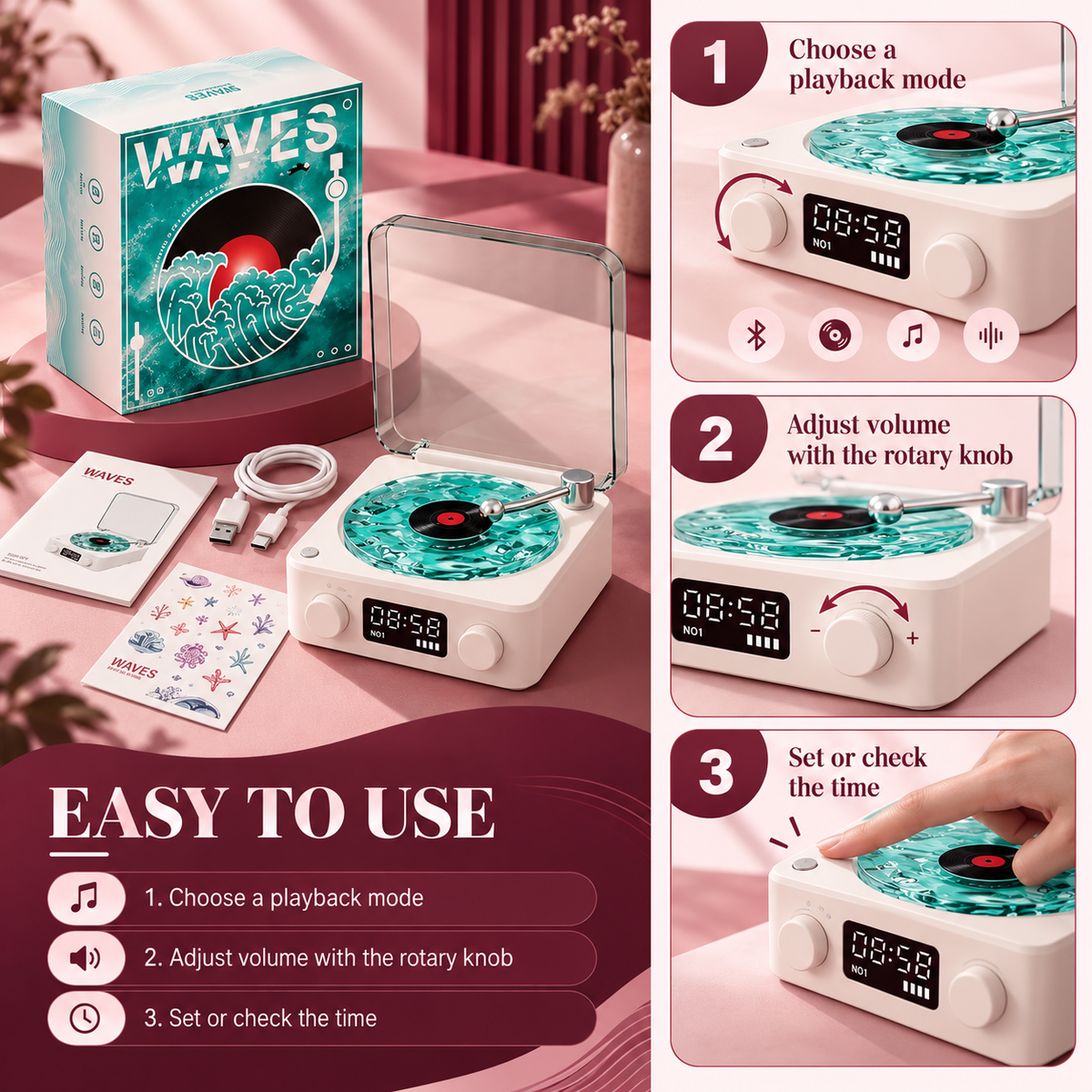 Waves Vinyl Record Player with Light